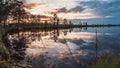 Beautiful summer sunset cloudy sky is reflecting in calm lake water. Picturesque landscape background as beauty of Royalty Free Stock Photo