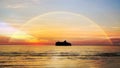 cruise ship going to harbor on sunset on sky beautiful rainbow on ocean water Beautiful summer sunset orange sunlight