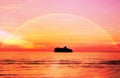 Beautiful summer sunset cruise ship going to harbor on sunset on sky beautiful rainbow on ocean water orange sunlight