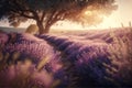 Beautiful summer sunset over violet lavender field. Generative ai Royalty Free Stock Photo
