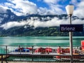 Beautiful summer view of Brienz village and harbor on northern shore of idyllic colorful turquoise Lake Brienz, Interlaken Royalty Free Stock Photo