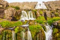 Beautiful summer view of Dynjandifoss Dynjandi Waterfall, jewels of the Westfjords, Iceland. The biggest waterfall in Westfjords