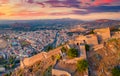 Beautiful summer view from flying drone of fortress of Palamidi. Splendid evening view of Peloponnese peninsula, Greece, Europe. Royalty Free Stock Photo