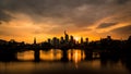 Beautiful summer view of Frankfurt skyline at golden sunset.Ignatz Bubis bridge on the river Main. Royalty Free Stock Photo