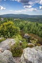 Beautiful summer view from rocky hill to giant spruce forest under blue sky