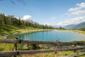 Beautiful summer view of a small alpine lake in the alpine mountains in Imst, Tirol. Water reservoir in beautiful Imst Royalty Free Stock Photo
