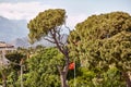 Beautiful summer view from the terrace of villa at the mountains and turkish flag on a bright sunny day. Summer vacation Royalty Free Stock Photo