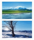 Beautiful summer and winter landscapes with an blue sky, rivers, trees, forest, mountains, clouds and snow peaks on Royalty Free Stock Photo