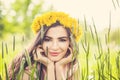 Beautiful summer woman on flowers field Royalty Free Stock Photo