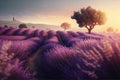 Beautiful summertime sunset over lavender fields. Generative ai Royalty Free Stock Photo