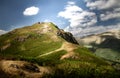 Beautiful sun dappled view of the `Lion and the Lamb` mountain ridge and Helm Crag trail in the Lake District in Cumbria