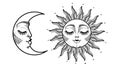 Beautiful sun and moon crescent with face, vintage boho tattoo, mystical symbols of astrology, zodiac, esotericism