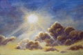 Beautiful sun with rays and big fluffy cloud on the blue sky oil painting