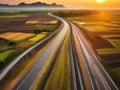 Beautiful sun rising sky with asphalt highways road in rural scene use land transport,generative ai