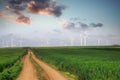 Windmills on the field with Beautiful sundown clouds above Landscape with hills and wind turbines Royalty Free Stock Photo