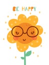 Beautiful sunflower with cute cartoon face. Vector illustration