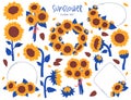 Sunflower floral set with blossom flower bud frame and border isolated set vector illustration Royalty Free Stock Photo