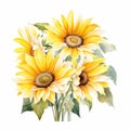 Beautiful Sunflower Watercolor Painting On White Background