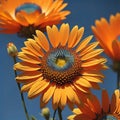 Beautiful sunflowers on a blue background. Close-up. generative ai Royalty Free Stock Photo