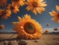 Beautiful sunflowers in the desert. Selective focus. Toned. generative ai