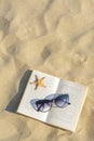 Beautiful sunglasses, book and starfish on sand, top view. Space for text Royalty Free Stock Photo