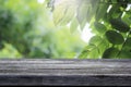 Beautiful sunlight blurred green nature garden background and wooden table.