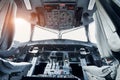 Beautiful sunlight. Close up focused view of airplane cockpit Royalty Free Stock Photo