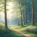 Beautiful sunlight in the forest. Beautiful forest scenery. Green trees in the wilderness. Fresh nature landscape. painting of