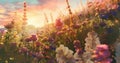 beautiful sunlight nature background field violet flower blooming meadow pink sunset. Generative AI. Royalty Free Stock Photo