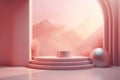 Beautiful sunlit podium in pastel pink tones. cosmetic product presentation. 3d illustration.