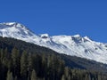 Beautiful sunlit and snow-capped alpine peaks above the tourist sports-recreational winter resorts of Valbella and Lenzerheide Royalty Free Stock Photo