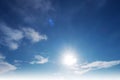 Beautiful sunny clear blue sky background with sun light rays & spectrum flares Royalty Free Stock Photo