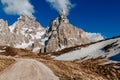 Beautiful sunny day in Italian Alps. Mountain landscape with road. Dolomites, Italian Alps