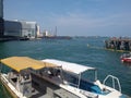 Beautiful sunny day and the ocean view city centre in Jesselton Point Jetty, Kota Kinabalu. Sabah, Malaysia. Borneo. Royalty Free Stock Photo