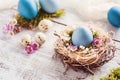 Beautiful, sunny easter greeting card - with blue colored eggs, natural nest