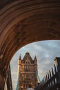 Beautiful sunny evening sunset view of the Tower Bridge with the cloudy blue sky Royalty Free Stock Photo