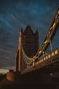 Beautiful sunny evening sunset view of the Tower Bridge with the cloudy blue sky Royalty Free Stock Photo