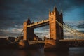 Beautiful sunny evening sunset view of the Tower Bridge with the cloudy blue sky Royalty Free Stock Photo