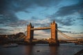 Beautiful sunny evening sunset view of the Tower Bridge with the cloudy blue sky Royalty Free Stock Photo