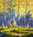 Beautiful sunny forest oil painting. The rays of the sun through the autumn yellow foliage of birch trees. Royalty Free Stock Photo