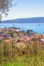 Beautiful sunny Mediterranean landscape. Montenegro, view of Bay of Kotor and Tivat city Royalty Free Stock Photo