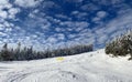 Beautiful sunny snow day with blue sky and clouds at the Stowe Mountain Ski resort Vermont