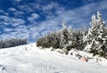 Beautiful sunny snow day with blue sky and clouds at the Stowe Mountain Ski resort Vermont