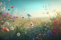 Beautiful, sunny spring summer meadow. Natural colorful panoramic landscape with many wild flowers and blue sky Royalty Free Stock Photo