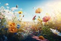 Beautiful, sunny spring summer meadow. Natural colorful panoramic landscape with many wild flowers and blue sky Royalty Free Stock Photo