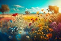 Beautiful, sunny spring summer meadow. Natural colorful panoramic landscape with many wild flowers and blue sky Royalty Free Stock Photo