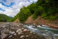 Beautiful sunny summer landscape. Fast flowing mountain river Royalty Free Stock Photo