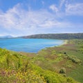 Beautiful sunny summer landscape. Montenegro, Ulcinj, view of Shas lake