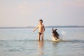 Beautiful sunny summer scenery. On the day the small boy is playing, running jumping with the hunting brown dog at the lake. Royalty Free Stock Photo