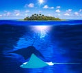 Beautiful sunny tropical beach on the island paradise and underwater world with manta rays or stingray